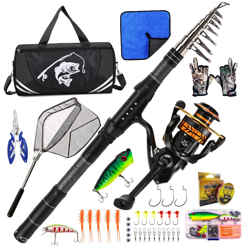 Trout Fishing Lure - ชุดคันเบ็ดตกปลาคาร์บอนไฟเบอร์แบบยืดหดได้ พร้อมรอก เหยื่อตกปลาแบบพกพา ตาข่ายจับปลา และคีม สำหรับตกปลาเบส